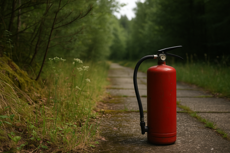 Ein Feuerlöscher ist nicht nur in dem Wald erforderlich.