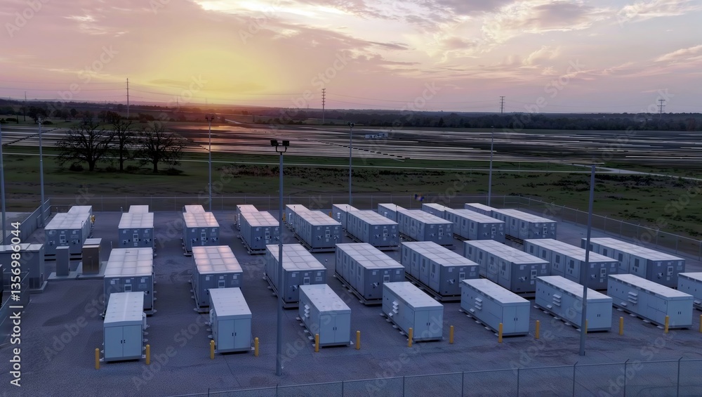 Container einer Batteriespeicheranlage bei Sonnenuntergang.