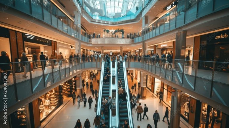 Mehrgeschossiges Einkaufszentrum mit Rolltreppen und Besuchern.