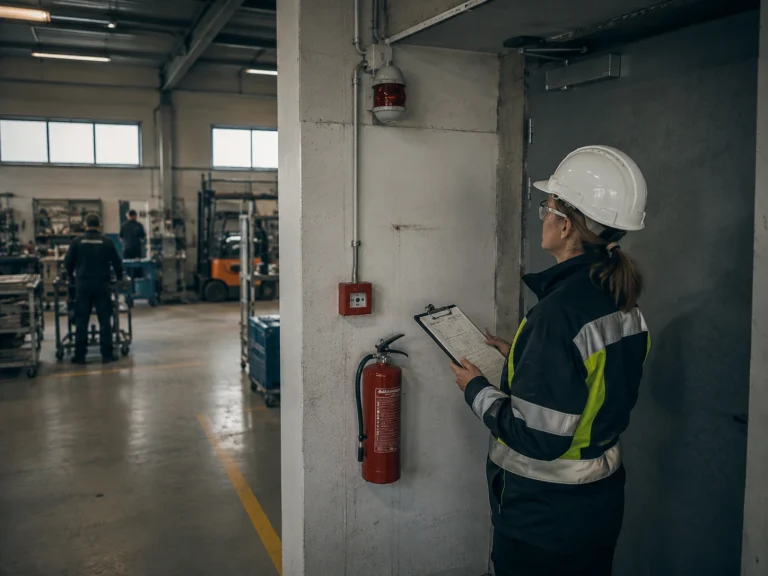 Prüfung von Brandschutzeinrichtungen in einem Gewerbebetrieb.