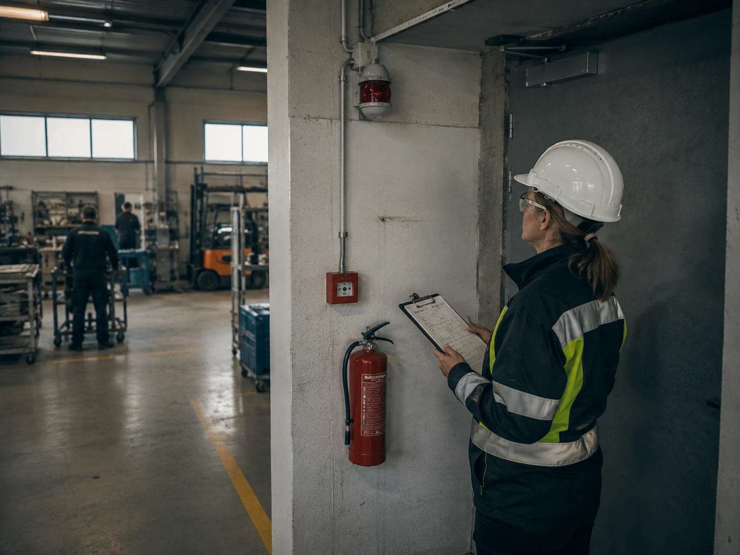 Prüfung von Brandschutzeinrichtungen in einem Gewerbebetrieb.