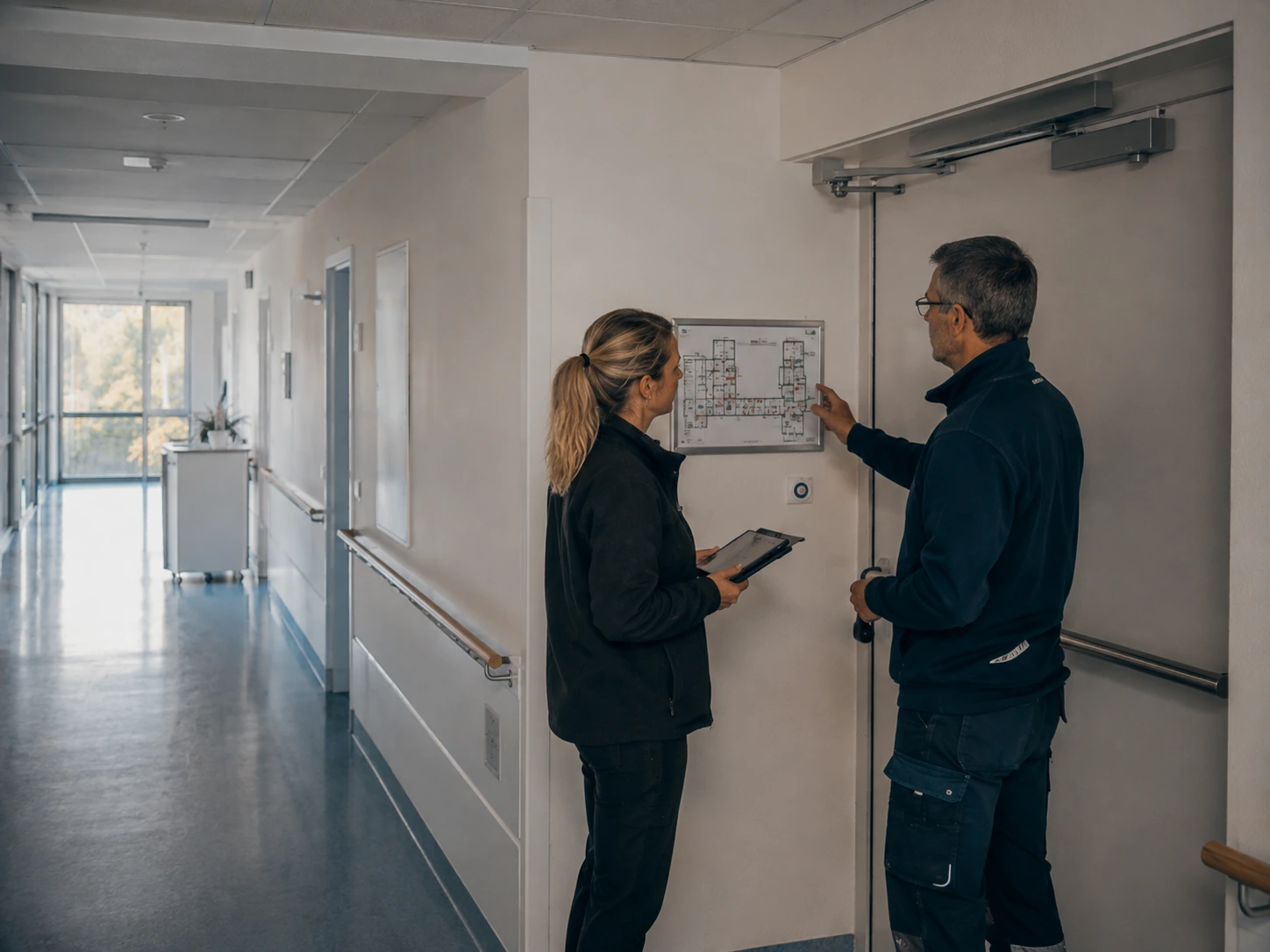 Prüfung eines Fluchtplans in einer Gesundheitseinrichtung.