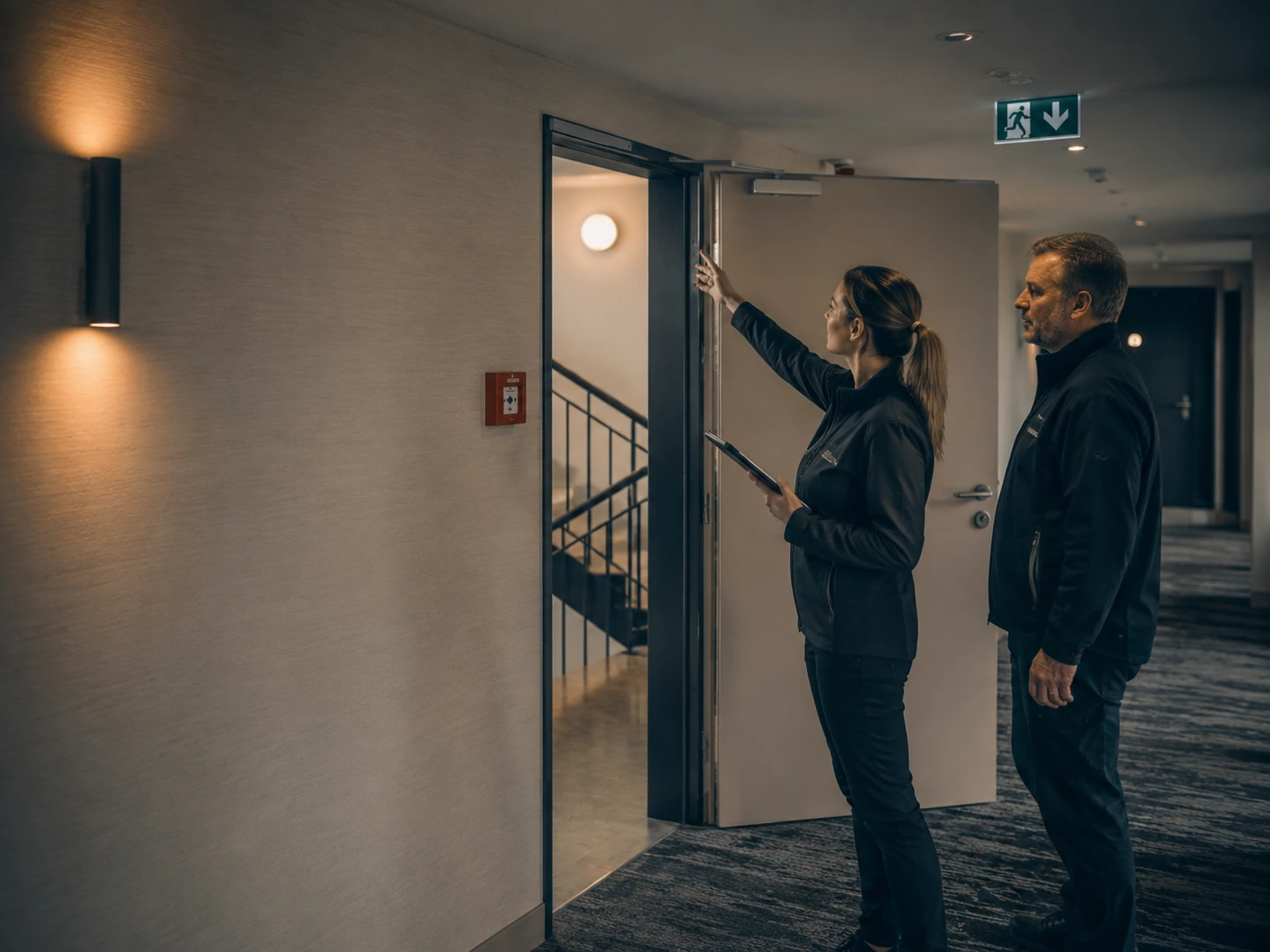 Fachpersonen kontrollieren eine Brandschutztür in einem Hotel.