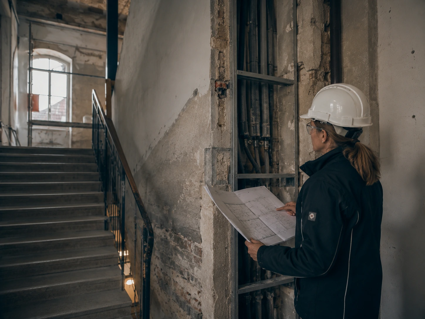 Sicherheitsingenieurin gleicht einen Bauplan mit der Installation im Bestand ab.